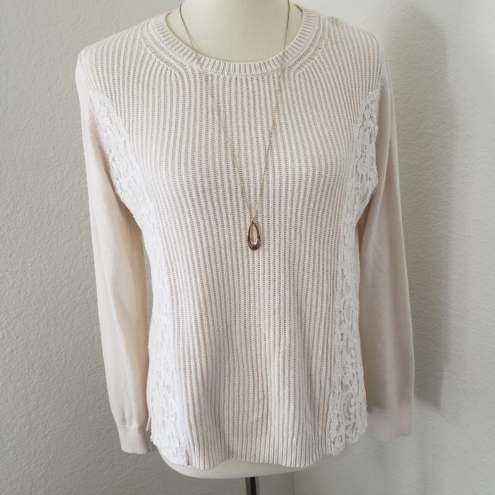 LOFT Off White Cream Lace Panel Sweater LP